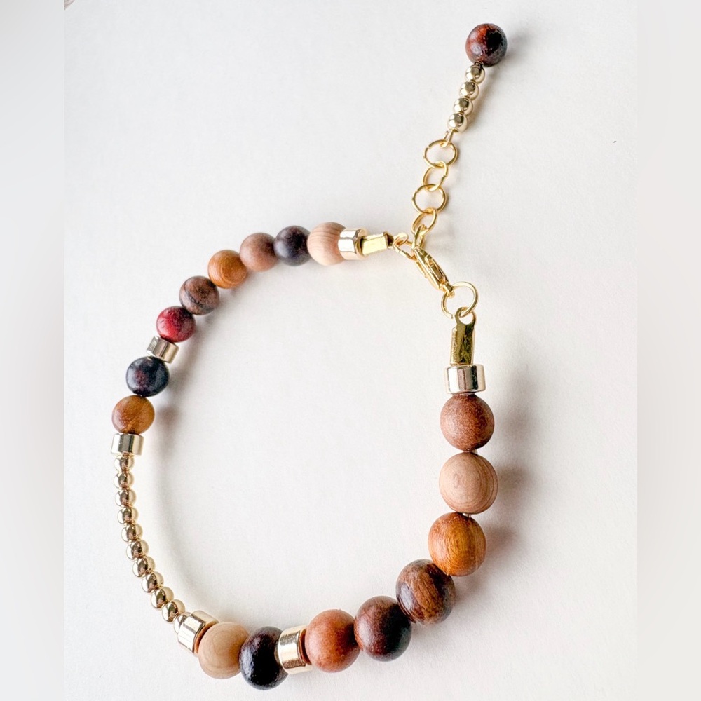 Elegant Wooden Bead Bracelet with Gold Accents ** Sold as set or separately**